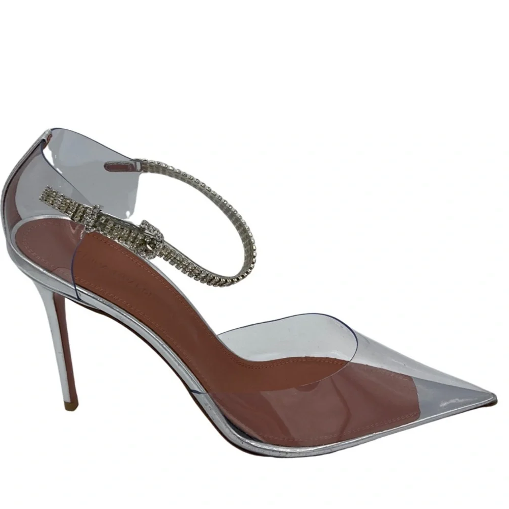 NWOB Amina Muaddi Ursina Glass Crystal-embellished PVC Pointed Toe Heels - Picture 2 of 10